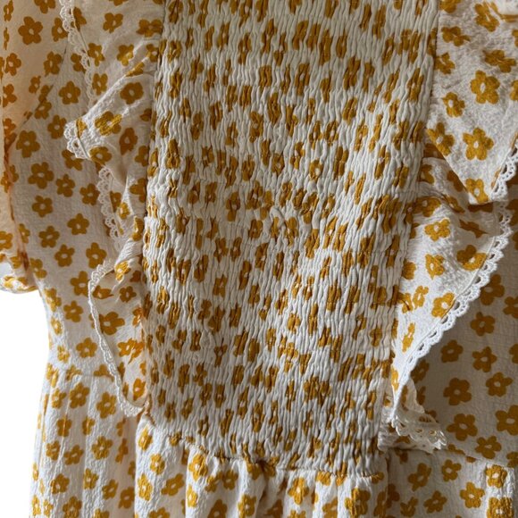 Polagram Dress Yellow Floral With Lace Trim & Puff Sleeves Smocked Back Size S - Picture 8 of 10
